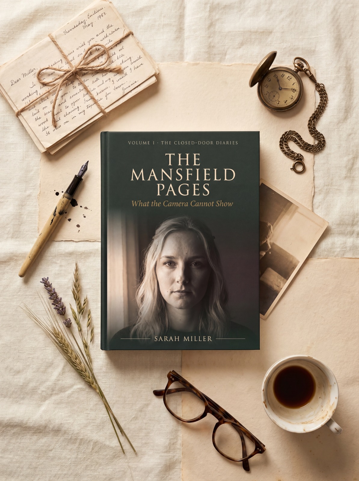 The Mansfield Pages laid out on a desk with a notebook, pocket watch, and reading glasses